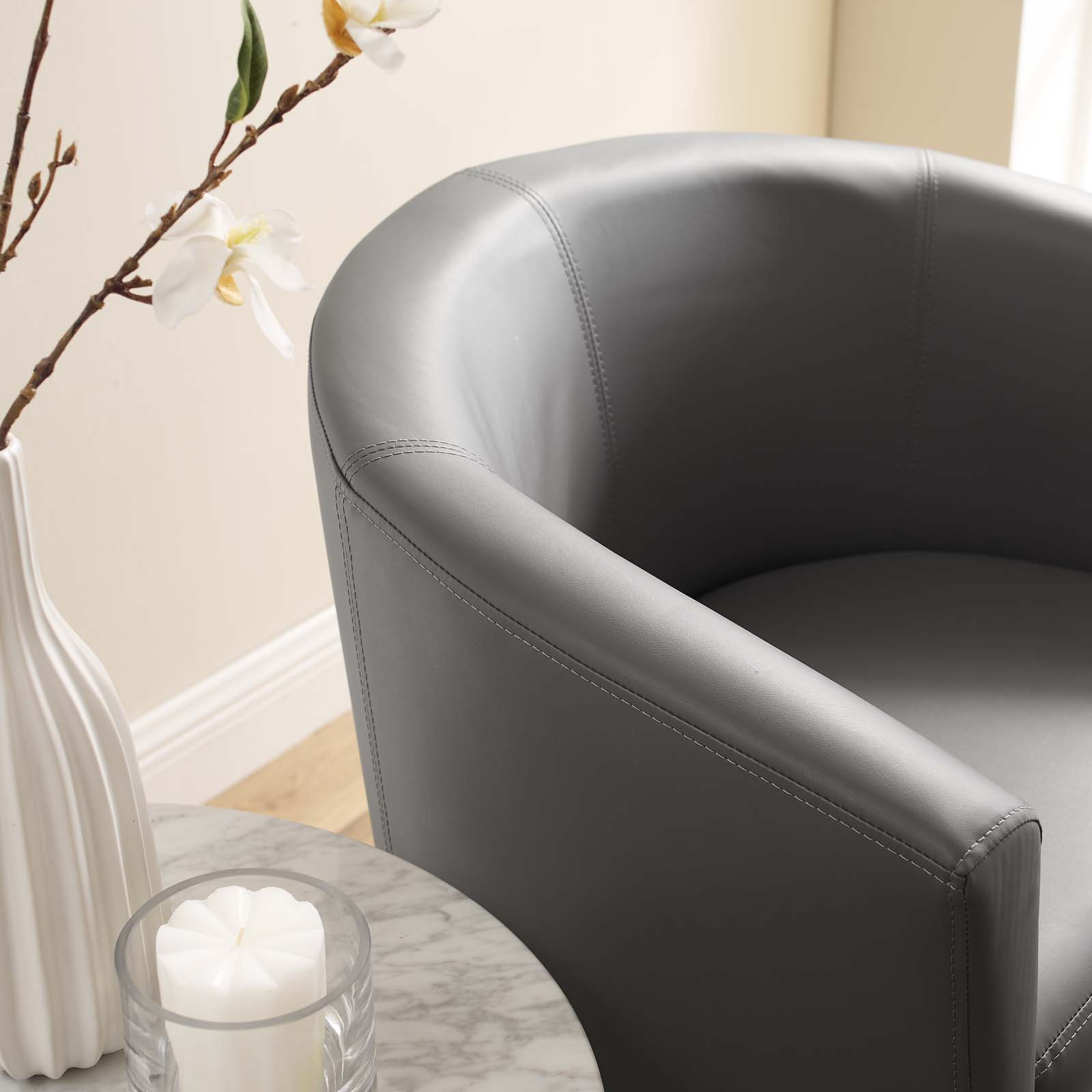 Armchair Accent Chair and Ottoman, Faux Leather, Grey Gray, Modern Contemporary Urban Design, Living Lounge Room Hotel Lobby Hospitality
