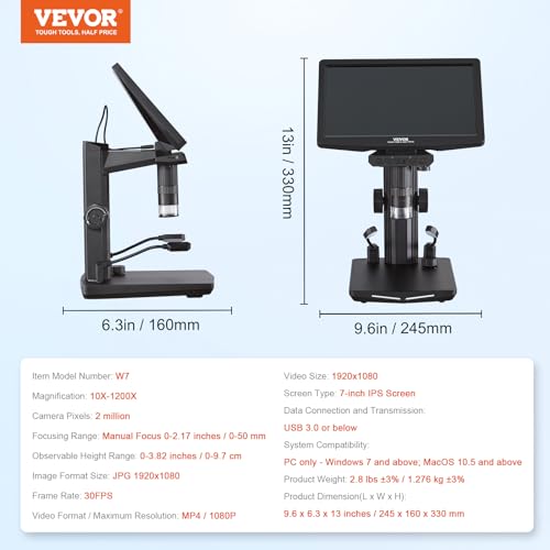 VEVOR 10.1" HDMI LCD Digital Microscope for Adults, Soldering Electron Microscope 1300X with IPS Screen, 8 LED Lights, 2 Flexible Side Lights