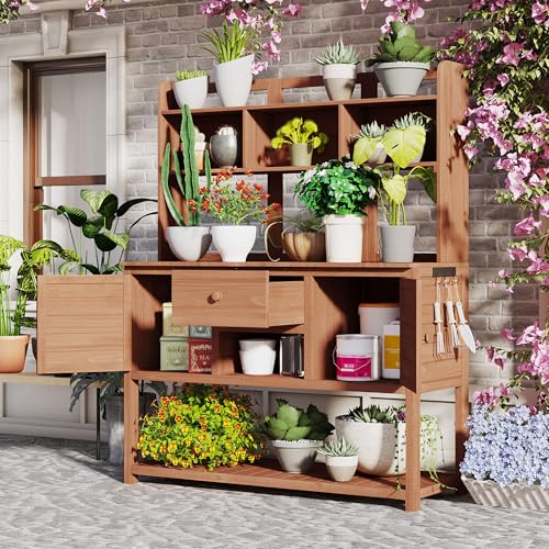 Outdoor Wooden Potting Bench Table – Farmhouse Garden Workstation with Drawers, Cabinet & Storage Shelves, Large Fir Wood Work Table for Patio
