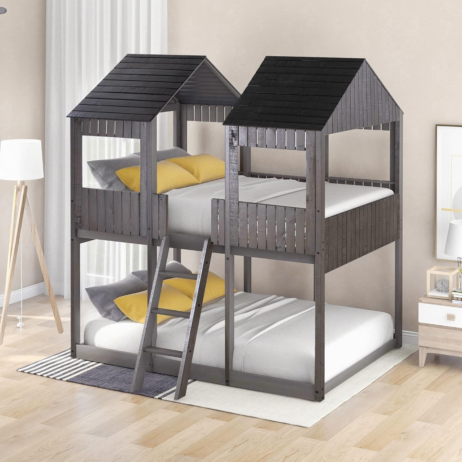 House Bunk Bed Full Over Full Size, Wooden House Bunk Beds Frame With Roof And Guard Rail, Floor Bunk Bed Frame For Kids, Teens