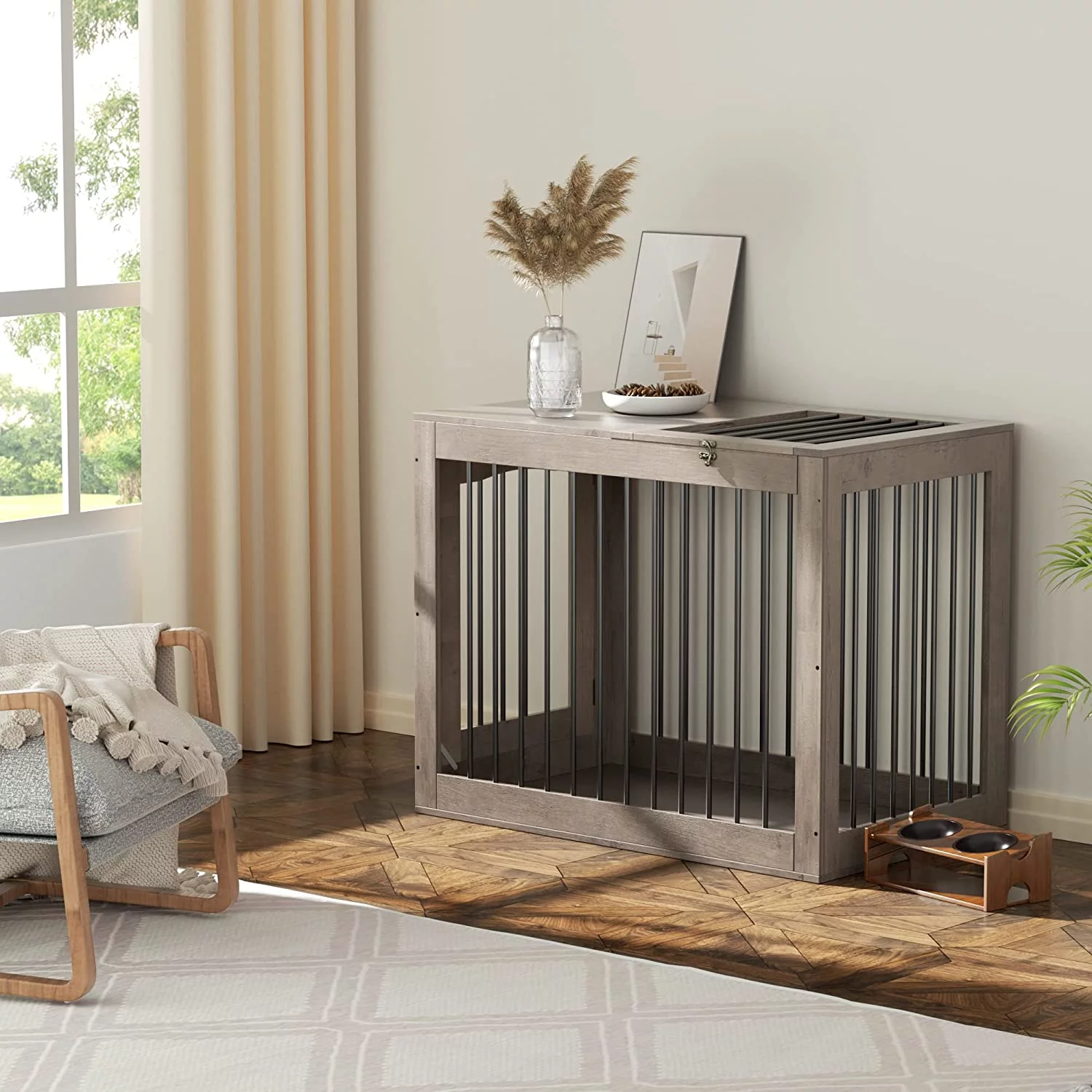 Furpezoo Large Dog Crate, Wooden Pet Kennel End Table, Dog Cage with 2 Doors, Gray, 40"L