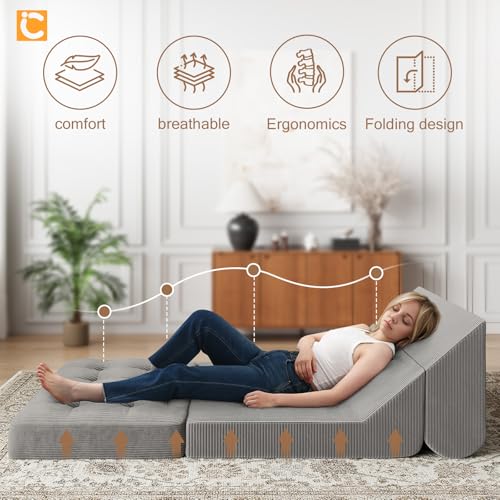 COMAX Folding Sofa Bed, Convertible Chair Bed Corduroy 3-in-1 Foldable Floor Couch with High-Density Foam, Futon Sofa Sleeper Mattress