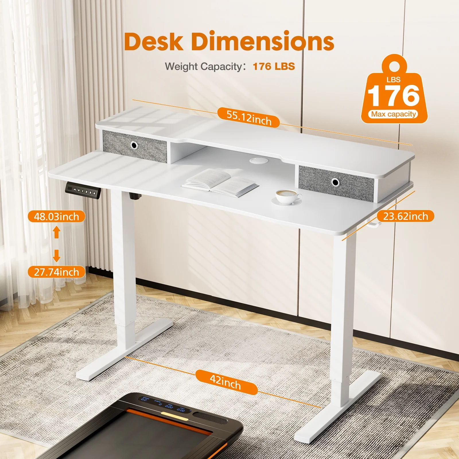 Sumdeal 55 x 24 Inch Height Adjustable Electric Standing Desk with Double Drawer, Stand Up Desk with Storage Shelf, Sit Stand Desk,White,55X24Inch