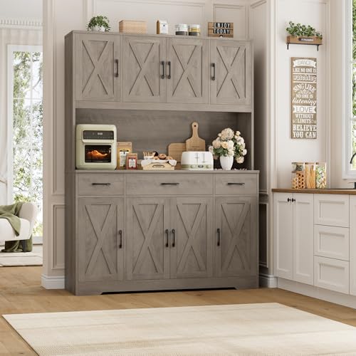 HOSTACK 71" Tall Kitchen Pantry Storage Cabinet with Charging Station, 55" Wide Kitchen Hutch Cabinet with Large Countertop