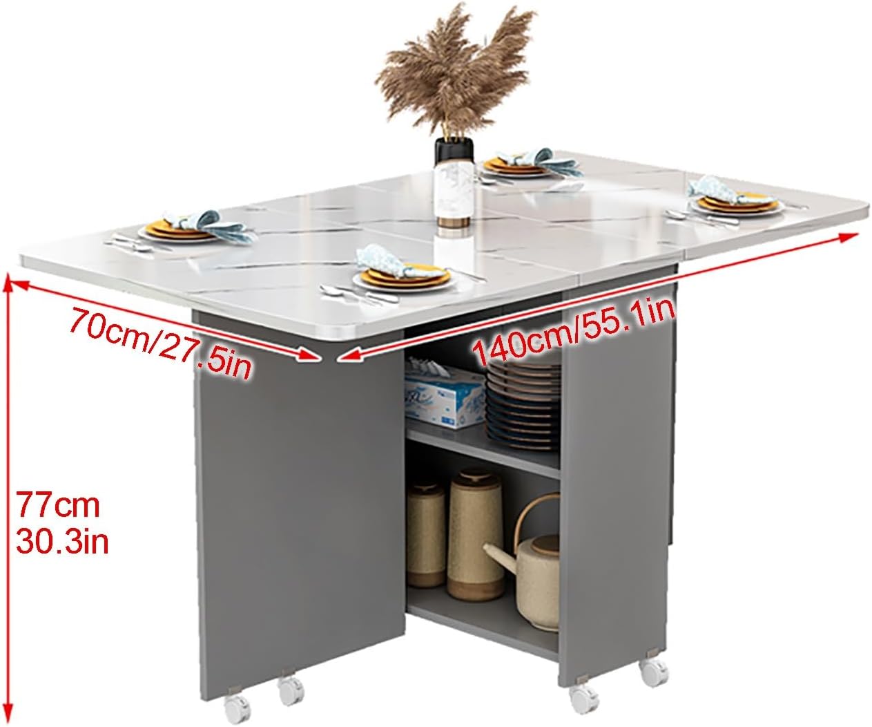 Extendable Drop Leaf Folding Dining Table, Modern Folding Table Drop Leaf Dining Table with 8 Wheels and 2-Layer Storage Shelf