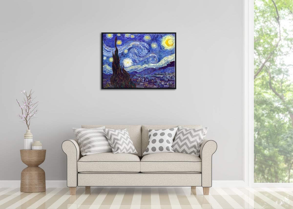 Wieco Art Framed Art Canvas Prints of Starry Night by Vincent Van Gogh Paintings Reproduction Post-Impressionism Artwork Framed Wall Art for Living