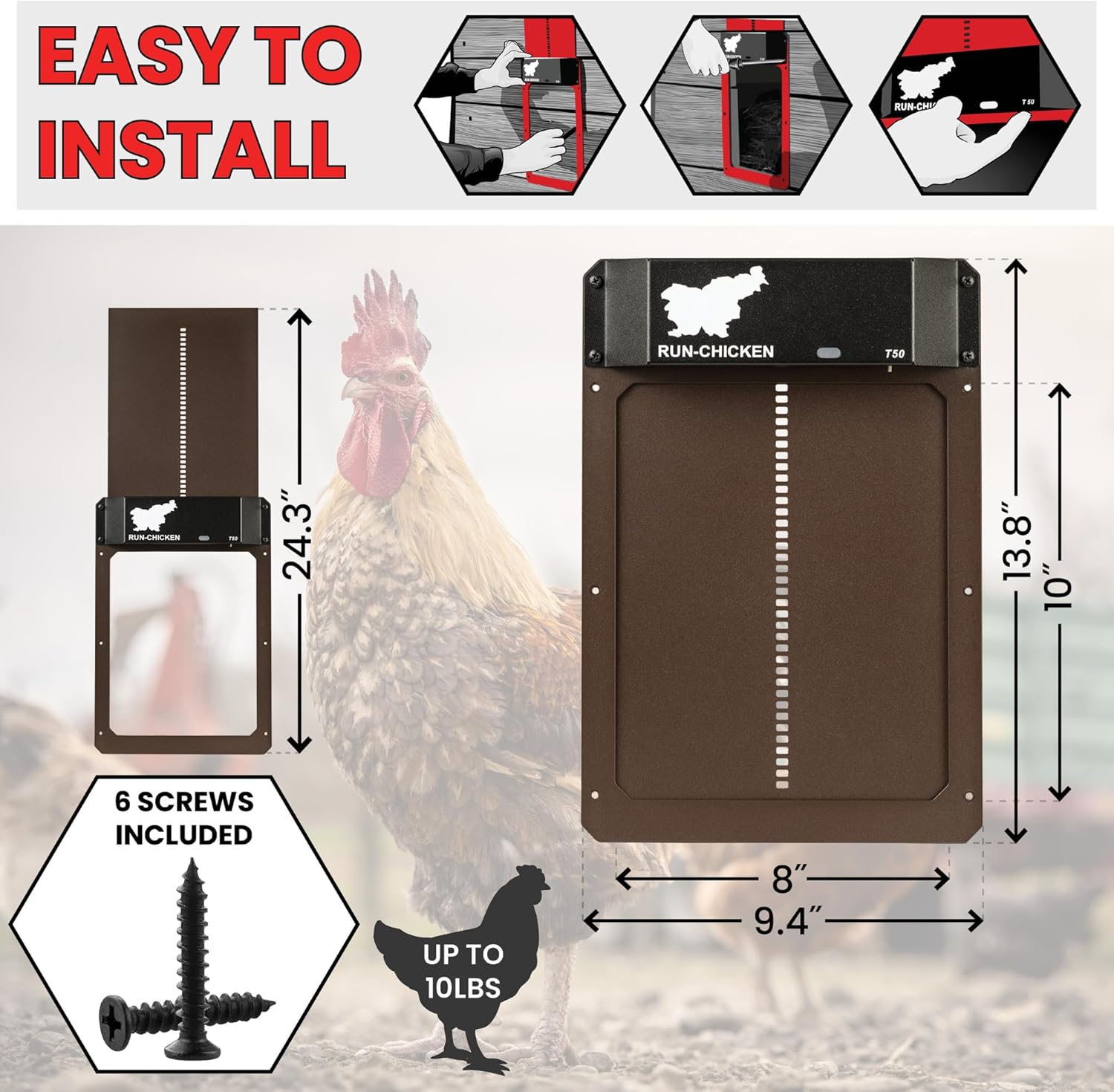 RUN-CHICKEN Door (Brown) Automatic Chicken Coop Door, Programmable with App, Battery Operated, Evening and Morning Delay, Aluminum Door
