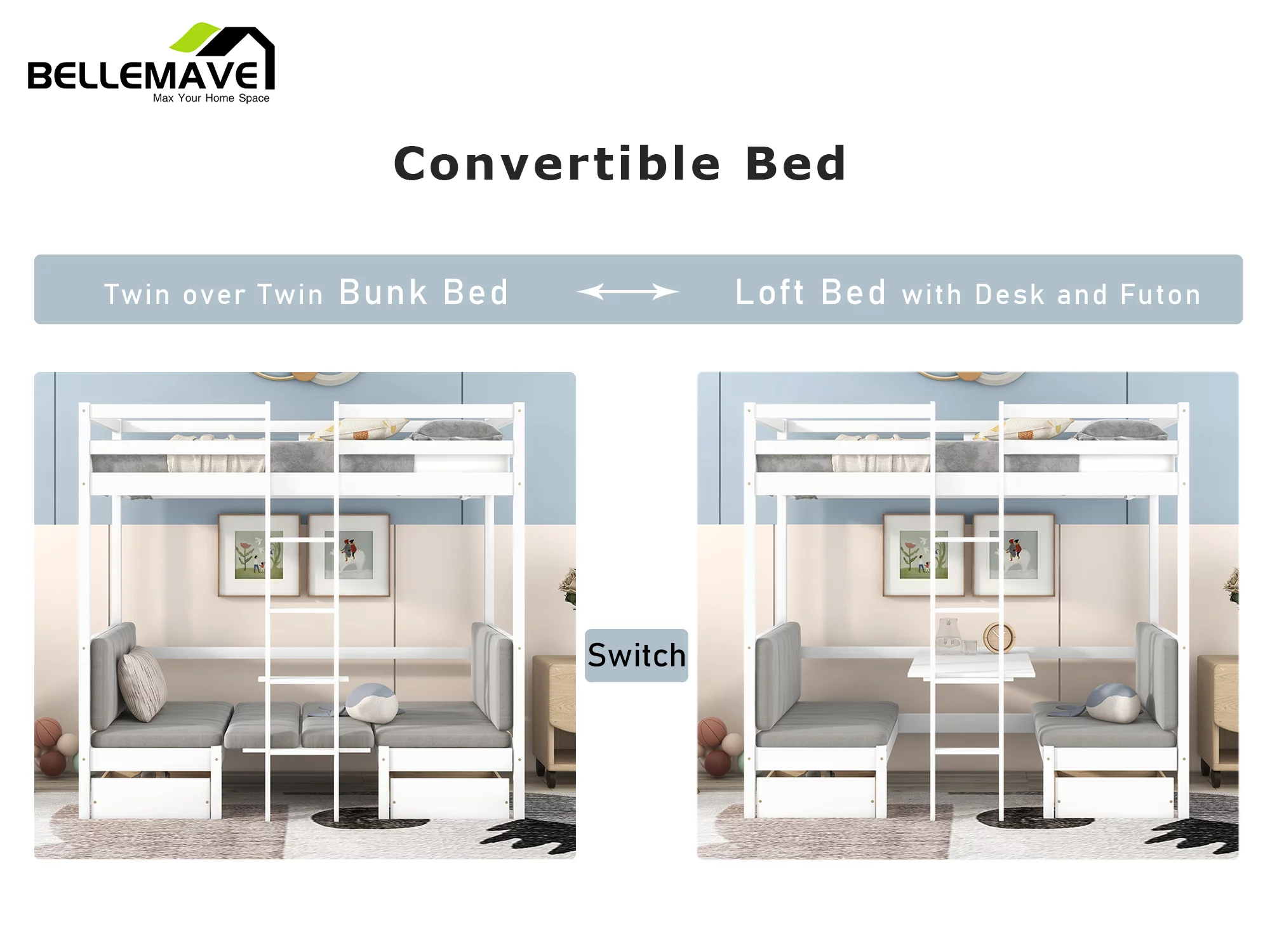 Bellemave Twin Size Loft Bed with Desk, Seat and Two Storage Drawer, Convertible Loft Bed Can be Turned Into Twin over Twin Bunk Bed for Kids, Teens