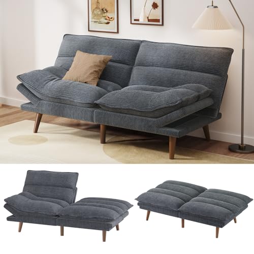 Pipishell Convertible Futon Sofa Bed,66" Corduroy Futon Couch with Adjustable Backrest and Armrests, Recliner Sleeper Sofa for Small Spaces