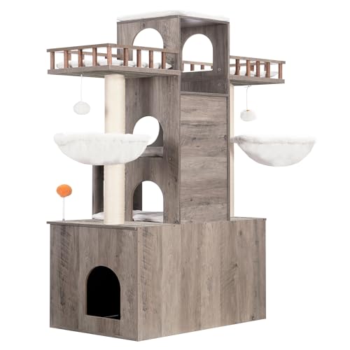 Heybly Cat Tree with Litter Box Enclosure for Indoor Big Cat, Cat Tower for Large Cats 20 lbs Heavy Duty