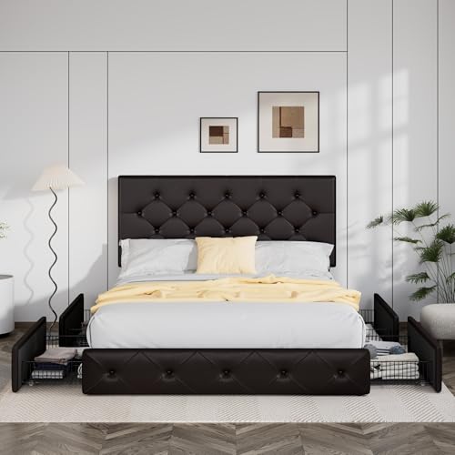 Allewie Upholstered Queen Size Platform Bed Frame with 4 Storage Drawers and Headboard, Square Stitched Button Tufted