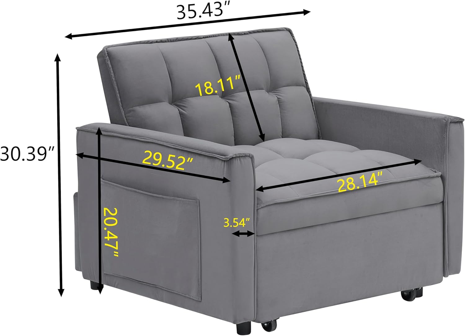 bed8 35" Twin Size Pull 3 in 1 Convertible Sleeper Chair, Velvet Reading Armchair, Futon Recliner, Foldable Chaise Lounge Sofa with Pullout Bed