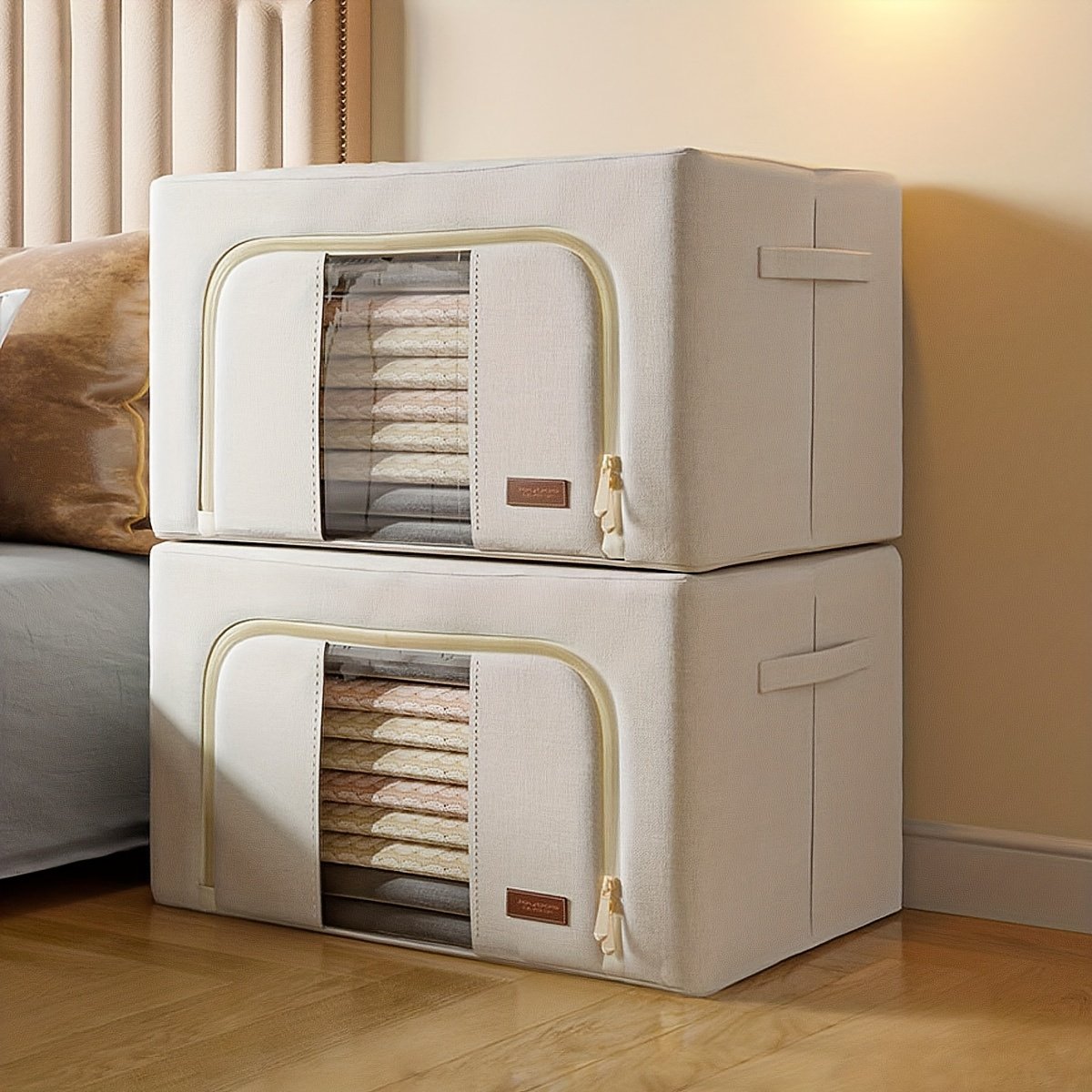 2-Pack Steel Frame Storage Bins with Clear Window, Foldable Stackable Fabric Organizers with Handles for Clothes, Linens &amp; Under-Bed Storage