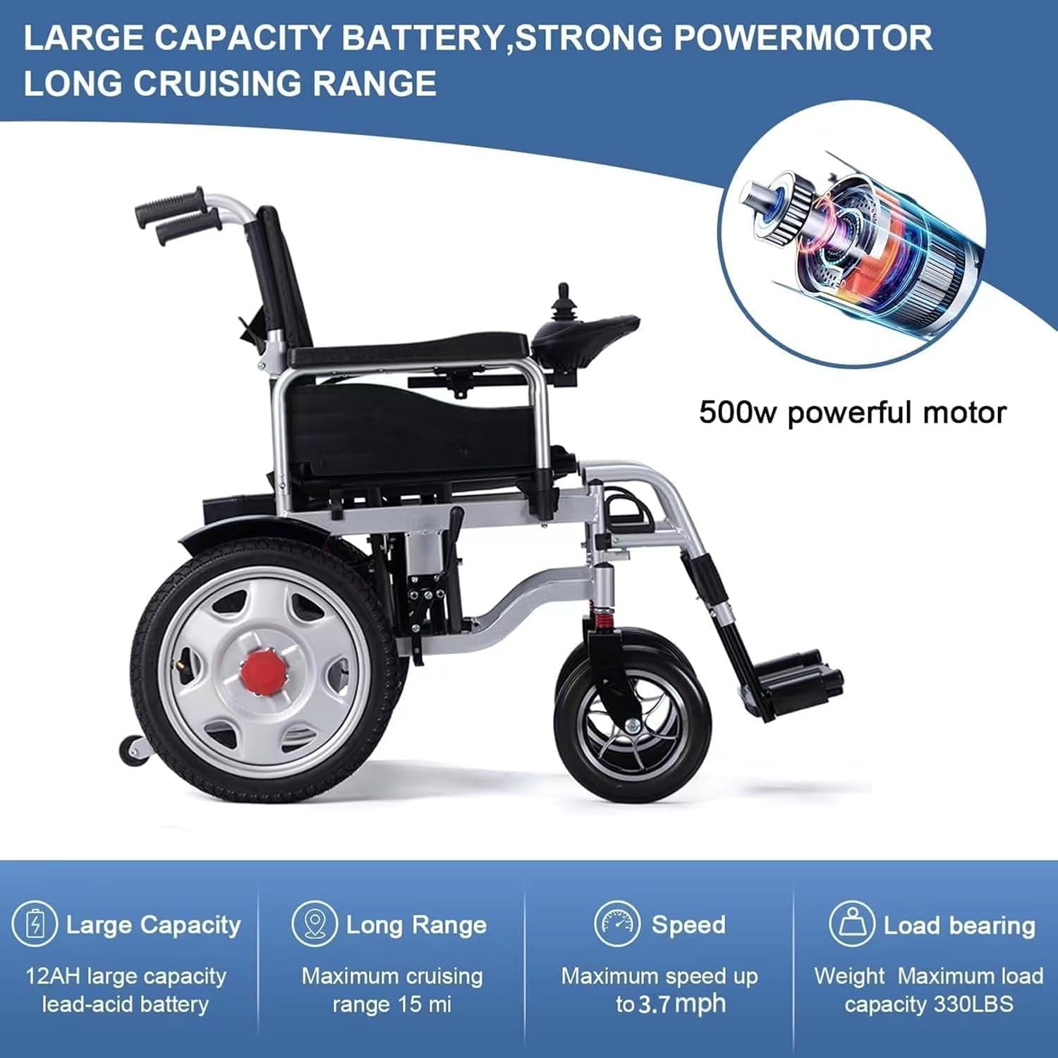 Foldable Electric Wheelchair for Adults,Lightweight Motorized Wheelchair Portable,15 Miles Long Range All Terrain Power Wheelchair