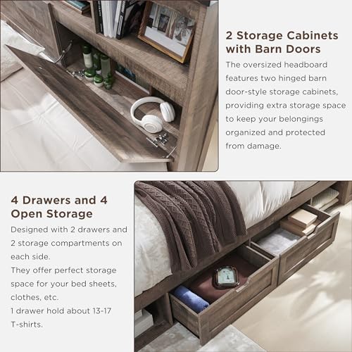 Queen Size Wood Bed Frame Farmhouse with 52" Tall Storage Bookcase Headboard, LED Light,Charging Station,4 Drawers and Solid Wood Slats Support