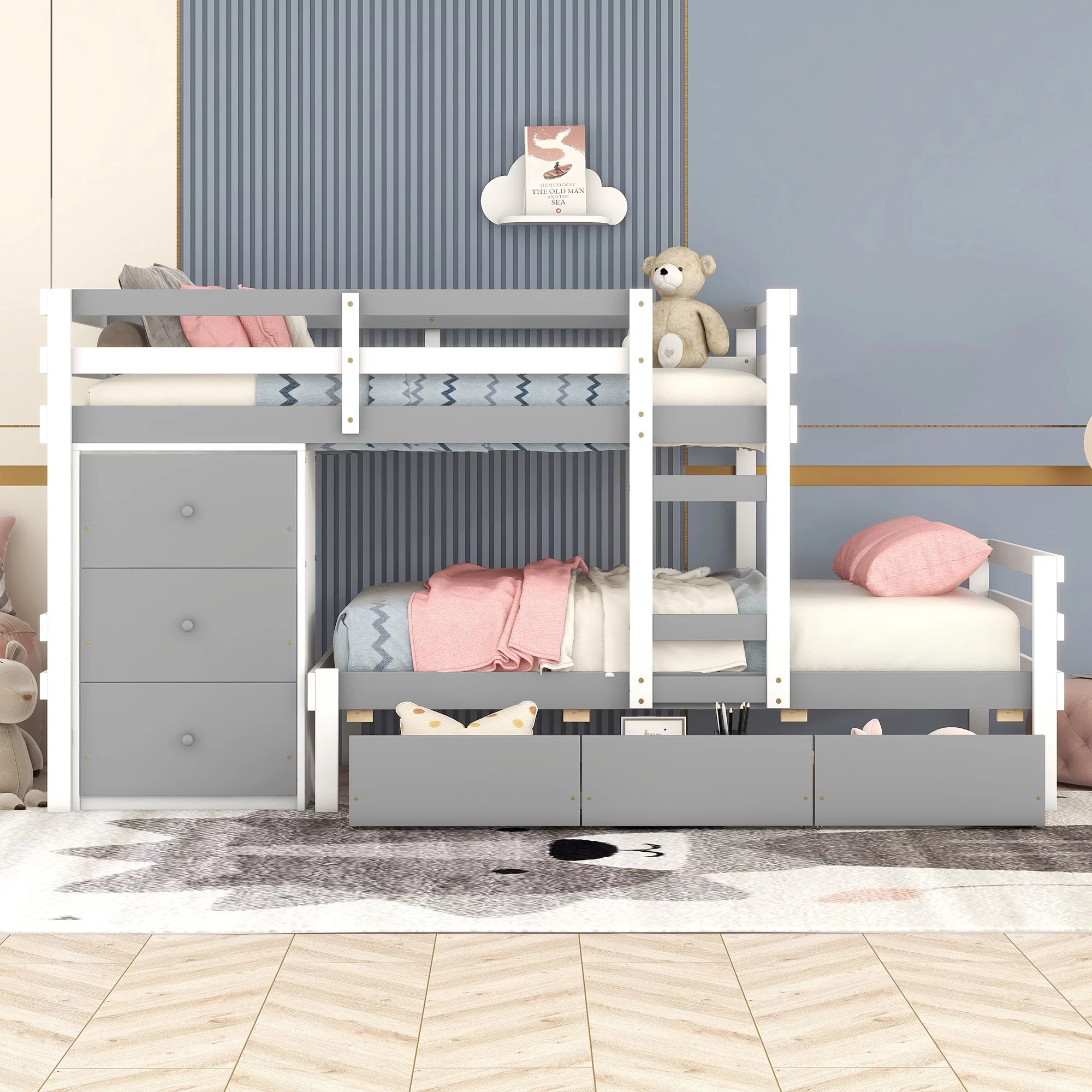 Euroco Twin over Twin Bunk Bed with Six Drawers for Kids Room, Gray