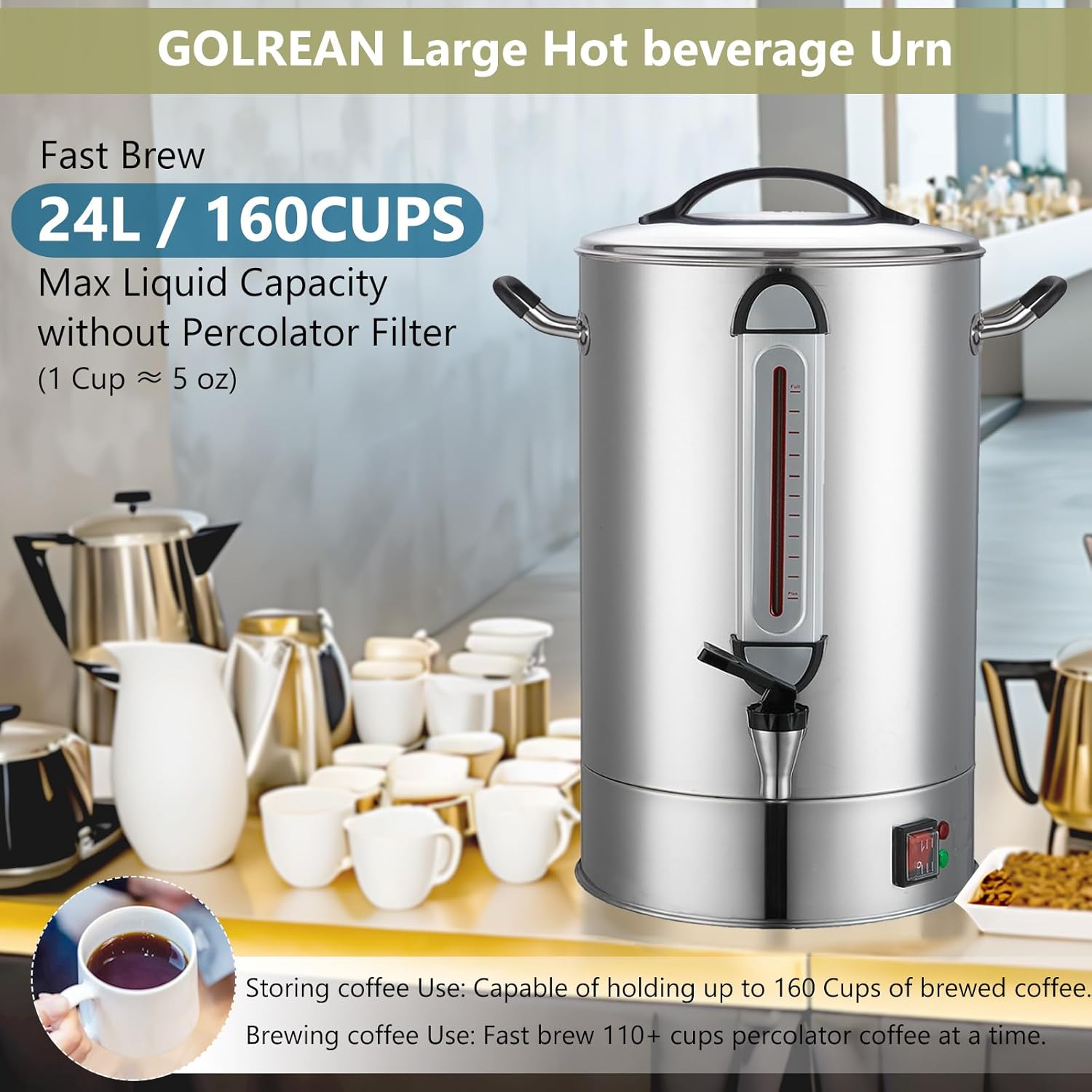 Commercial Coffee Urn 24L 160Cup Stainless Steel Quick Brew Hot Dispenser for Catering
