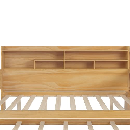 Bellemave Twin Corner Bed Frame with Storage Shelves and Desk, Wood Twin Size Daybed with Bookcase and Drawers and Storage, Gray