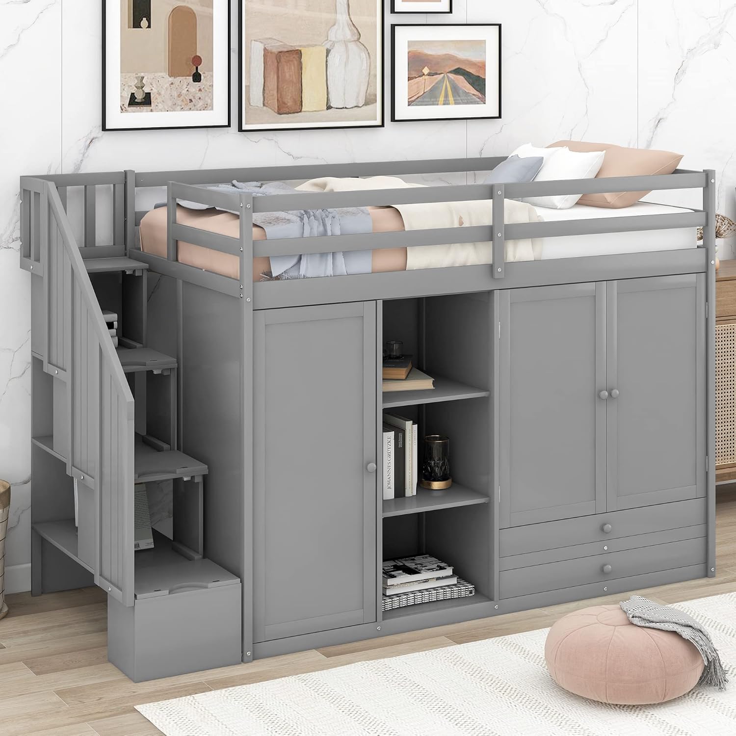 Twin Size Functional Loft Bed with 3 Shelves, 2 Wardrobes and 2 Drawers, Ladder w/Storage Stairway, Wooden Loft Bedframe