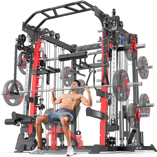 Power Cage Smith Machine Power Rack Multifunctional Deep Squat Rack Cable Crossover System Selectable More Training Attachment for Garage & Home Gym
