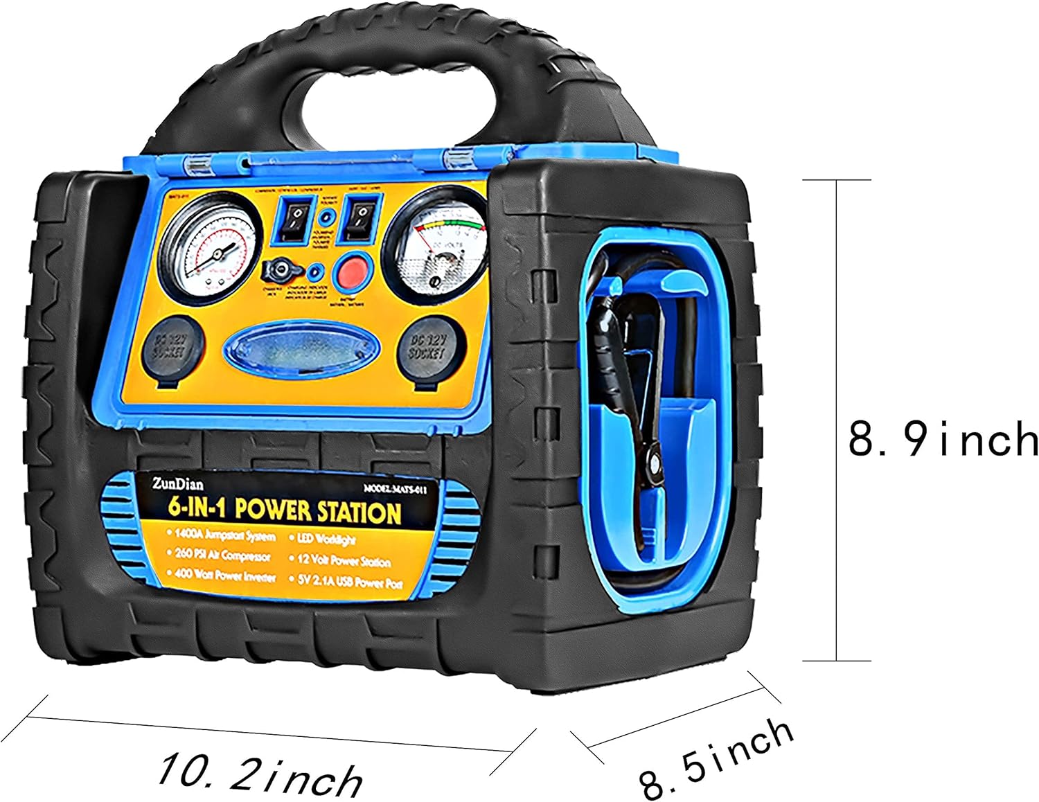 ZunDian Power Station 1400 Amp Battery Jump Starter with Air Compressor Car Tire Inflator, 110V 400W Power Inverter USB DC AC Outlet