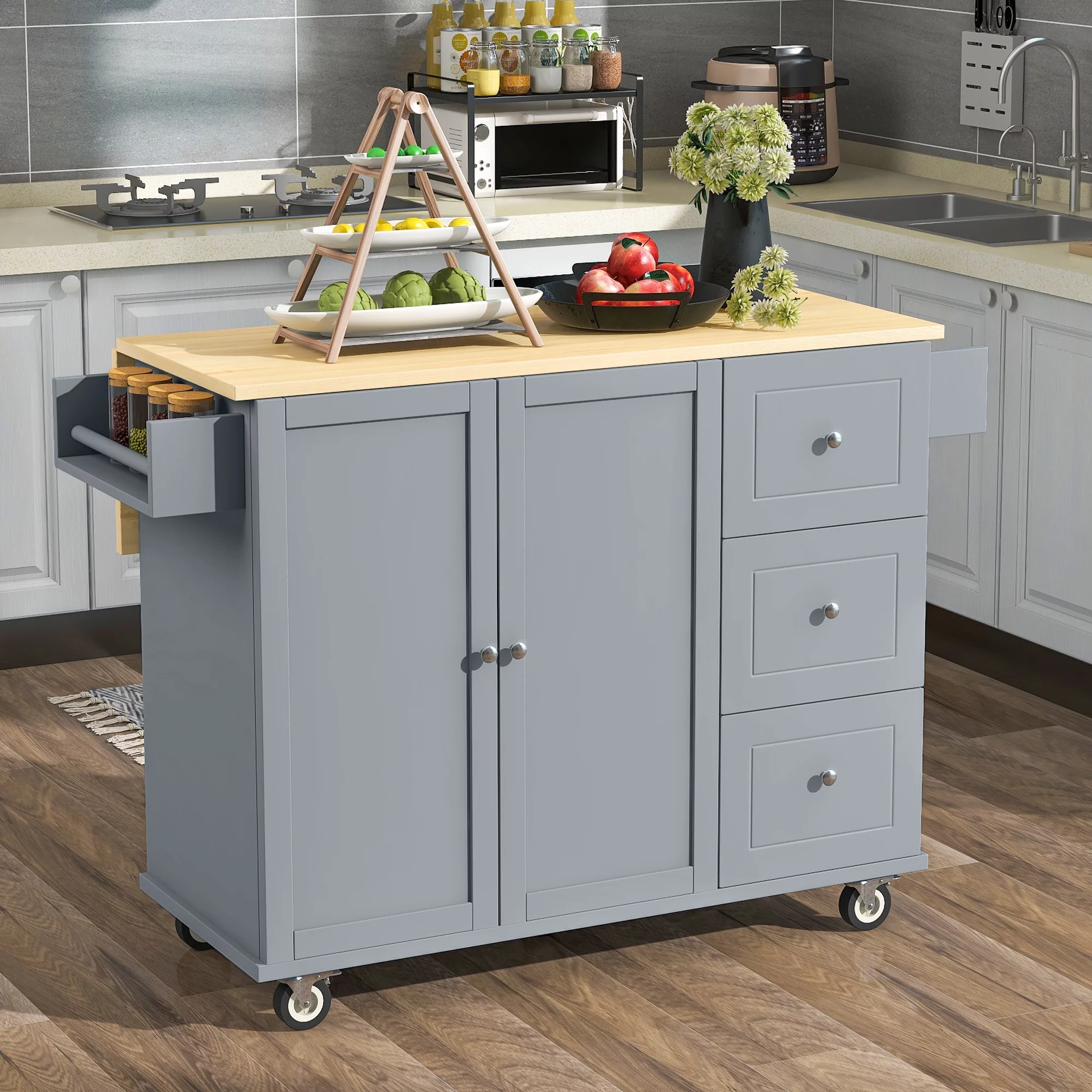 ikayaa Rolling Mobile Kitchen Island with Solid Wood and Locking Wheels，52.7 Inch Width，Storage Cabinet and Drop Breakfast Bar，Spice Rack