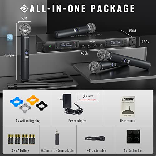Phenyx Pro Wireless Microphone System, Quad Channel Wireless Mic, w/ 4x40 UHF Frequencies, Auto Scan, 328ft Long Range