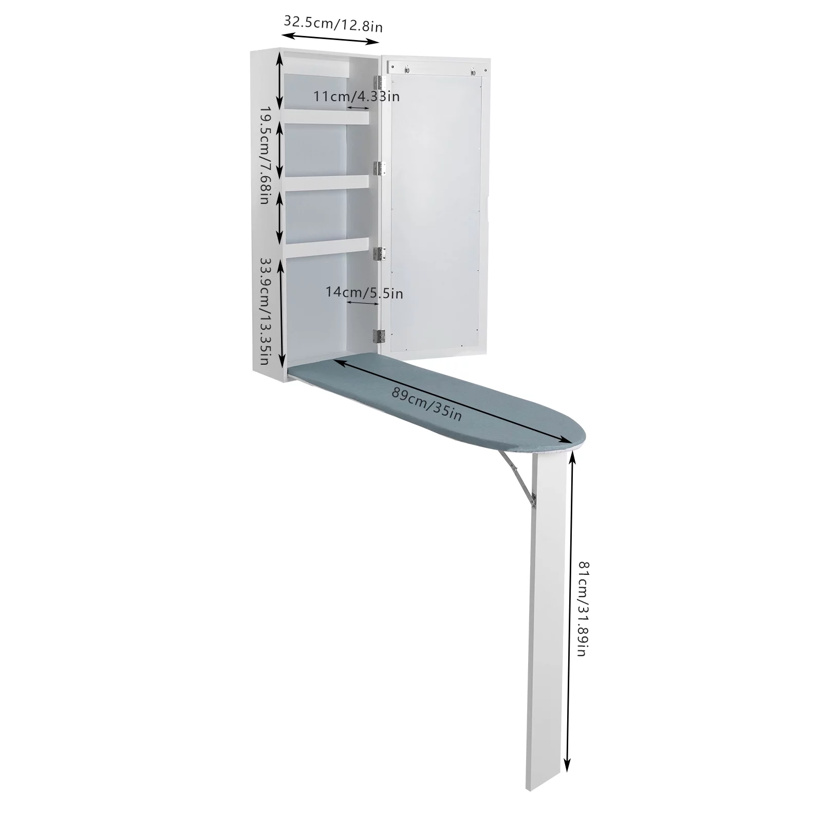 Miumaeov Wall Mounted Ironing Board with Storage Cabinet, Built in Ironing Board & Folding Support Leg, Wall-Mounted Mirrors for Home