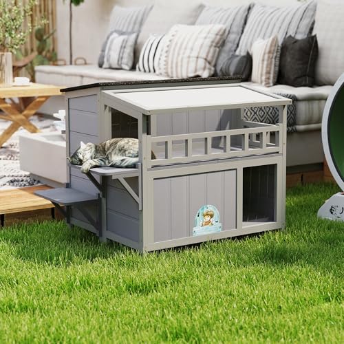 Outdoor Cat House, 2-Tier Warm Wood Cat Shelter with Sunlight Roof, Balcony, Jumping Platforms, Kitty Pet Porch Enclosure, Weatherproof, Openable