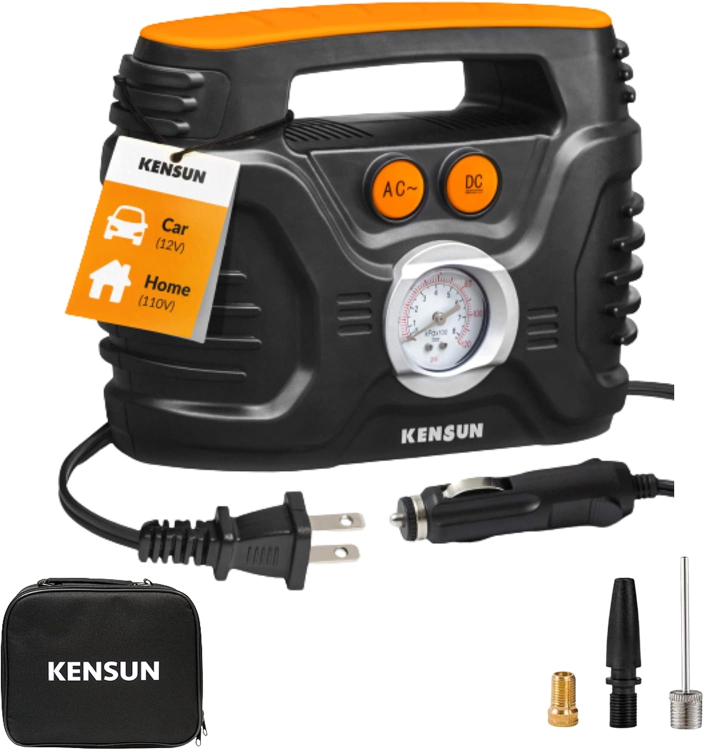 Kensun AC/DC Power Supply Portable Air Compressor Pump with Analog Display to 100 PSI for Home (110V) and Car (12V)