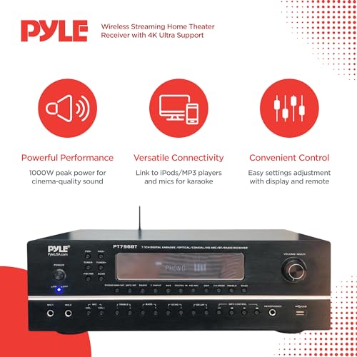 Pyle 2000W 7.1-Channel Hi-Fi Bluetooth 5.0 Stereo Amplifier - AV Home Theater Receiver with Radio - USB - RCA - HDMI - MIC IN