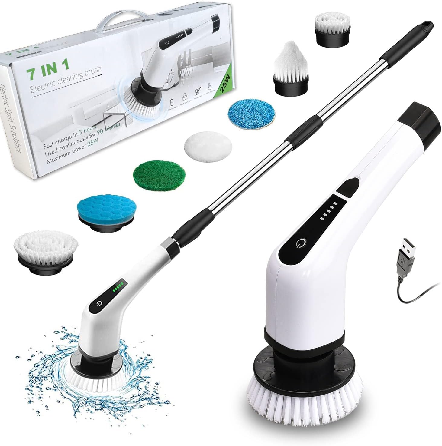 Electric Spin Scrubber, Cordless Cleaning Brush with 7 Replaceable Brush Heads