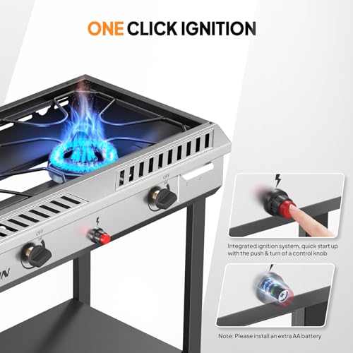 ROVSUN 2 Burner Outdoor Propane Gas Stove with Auto-ignition, Regulator & Shelf, 150