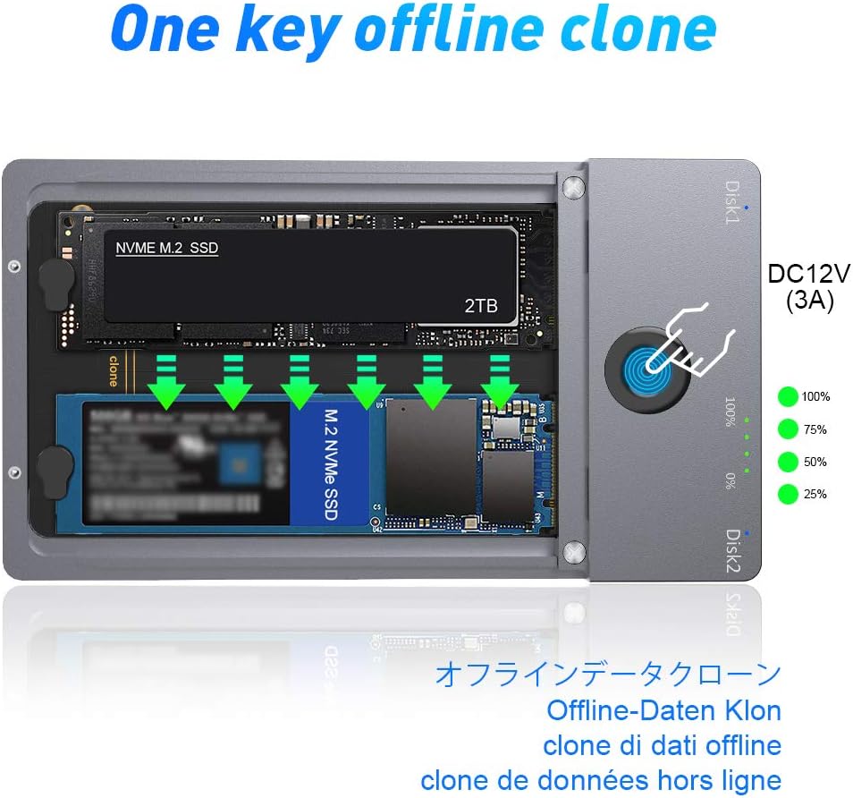 USB C 3.1 Gen2 10Gbps to M.2 Duplicator NVME Clone Dual-Bay External Hard Drive Enclosure