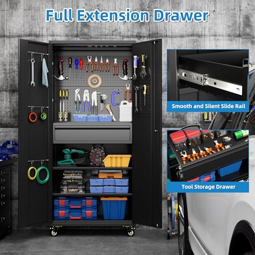 Metal Storage Cabinet with Wheels, 73" H Rolling Garage Cabinets with Locking Doors and Adjustable Shelves for Home Office, Basement, Pantry, Workshop