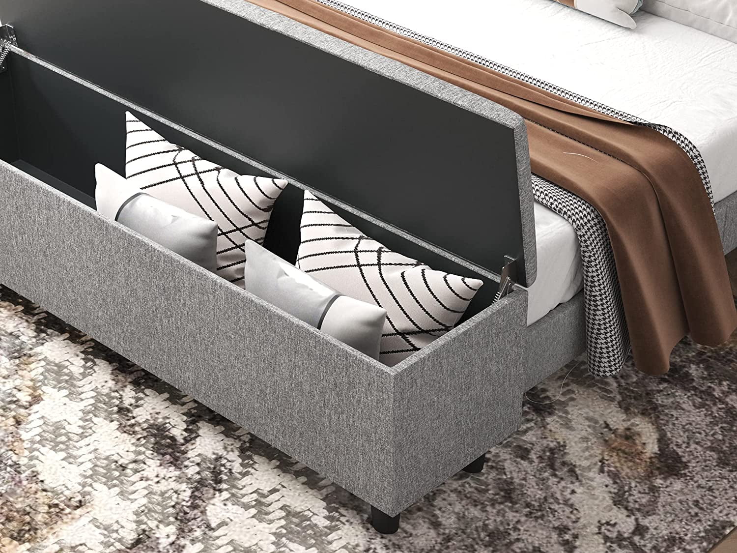 SHA CERLIN Queen Platform Bed Frame with Storage Ottoman Bench & Headboard, Gray, Adults