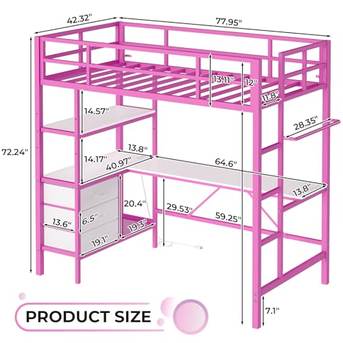 DICTAC Loft Bed Full Size with L-Shaped Desk and Charging Station Full Metal Bed Frame with LED Lights,Open Shelves and 3 Fabric Storage Drawers