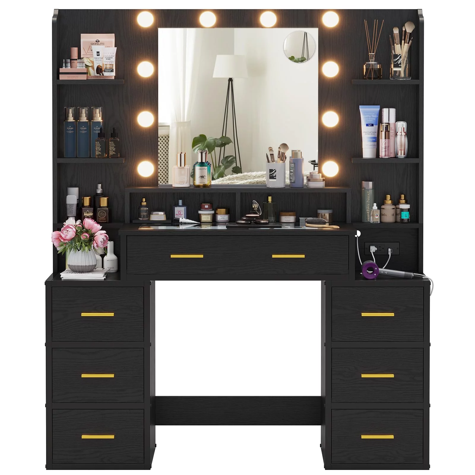 Vanity Desk with Mirror and Lights & Glass Top,Makeup Vanity with Lights & Charging Station,10x Magnifying Mirror