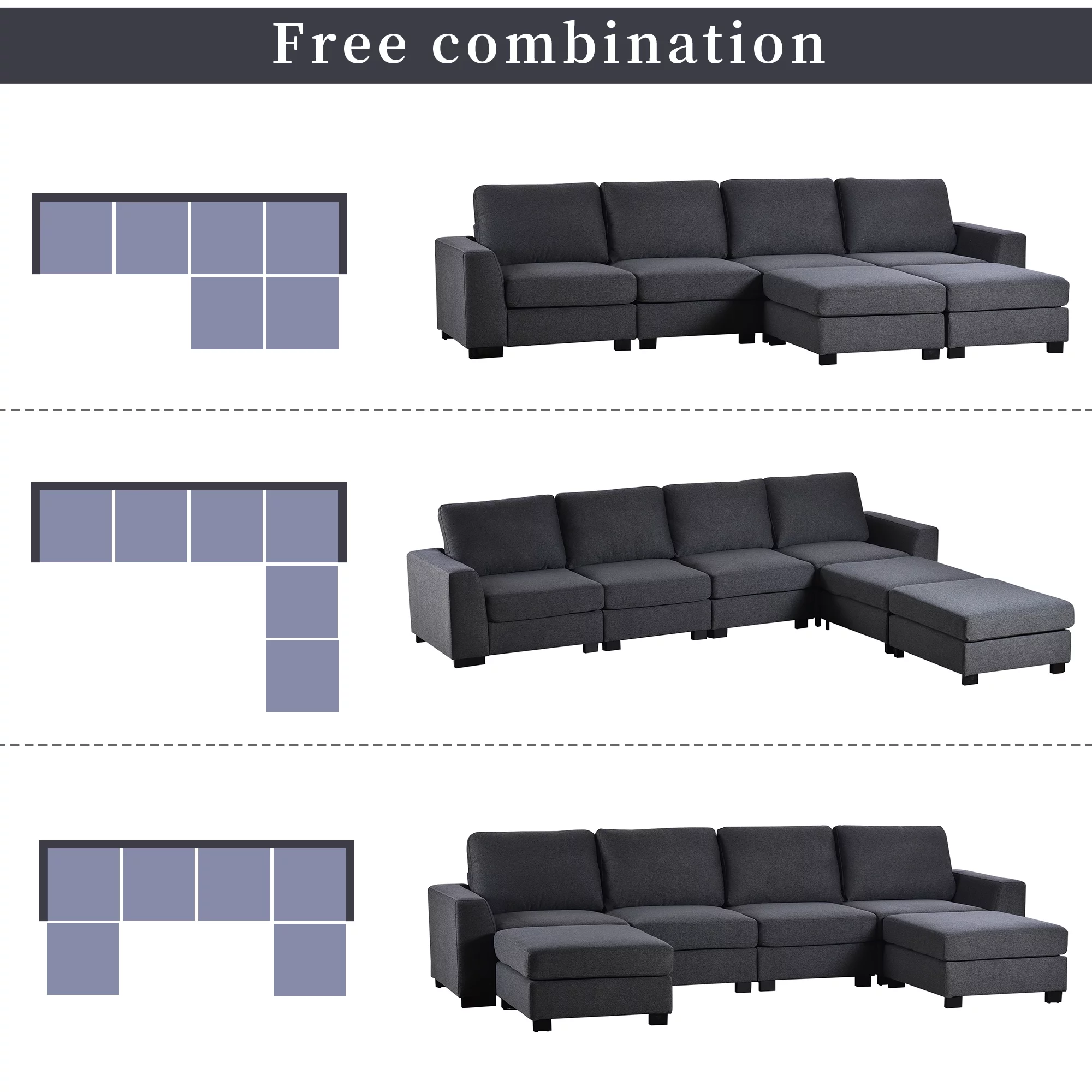 Euroco U Shaped Sofa with Removable Ottomans Sectional Sofa 6 Seater for Living Room, Gray