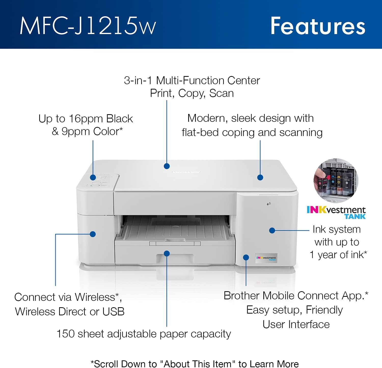 Brother MFC-J1215W INKvestment Tank Wireless All-in-One Color Inkjet Printer for Home Office - Print, Copy, Scan - 16 ppm, 1200 x 600 dpi