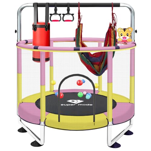 Trampoline for Kids, 5FT Adjustable for Toddler, Indoor/Outdoor Baby Trampoline with Enclosure Net, No-Gap Safe Design, Gifts for Boys & Girls