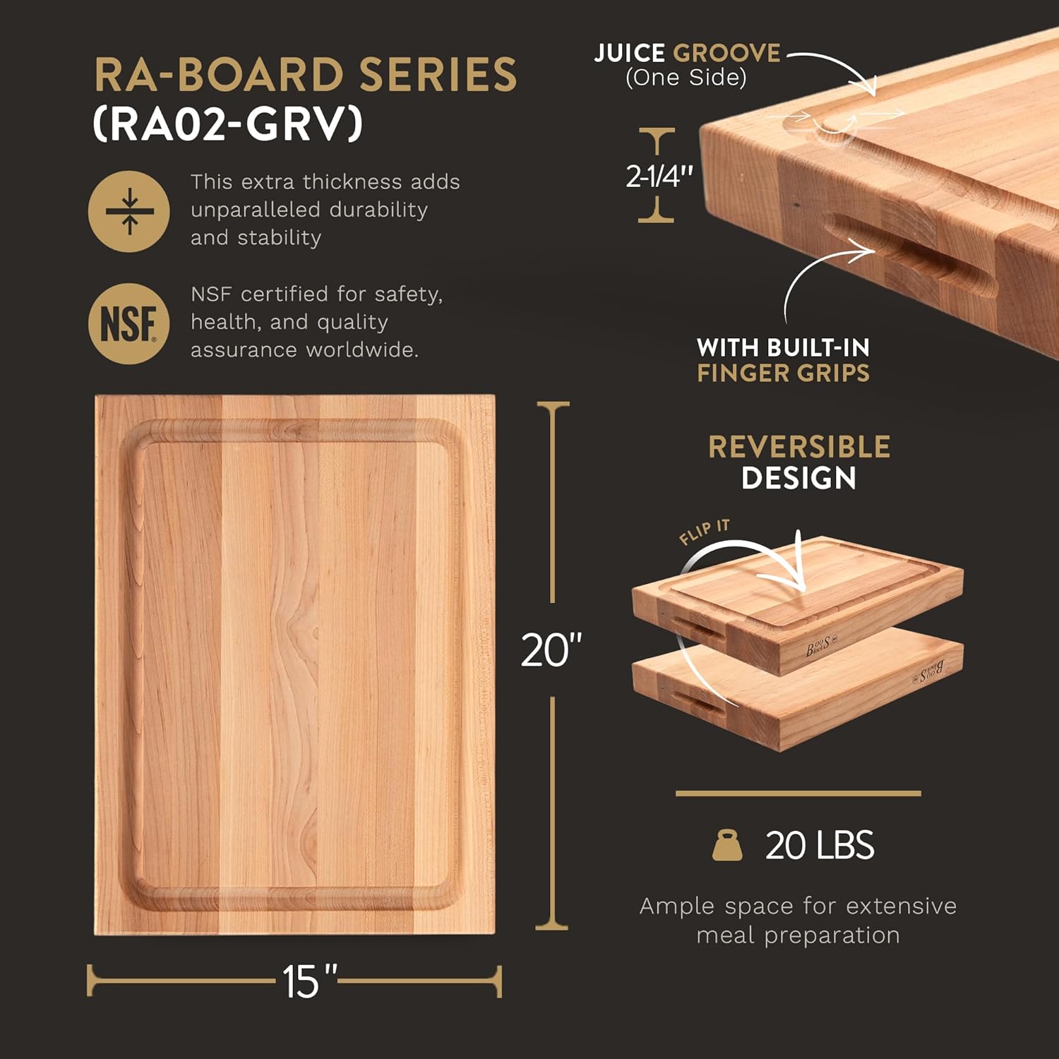 John Boos Boos Block RA-Board Series Large Reversible Wood Cutting Board, 20” x 15” x 2 1/4”, Maple