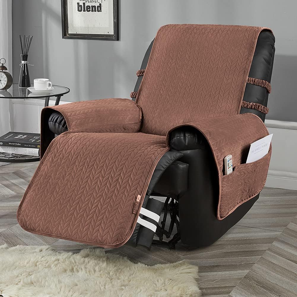 STONECREST Recliner Chair Cover, Water Resistant Velvet Quilted Slipcover, Washable Furniture Protector with Strapes to Stay in Place (Camel/Grey