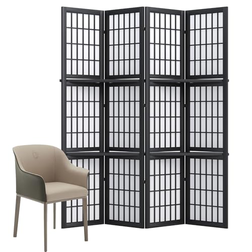 Room Divider, 66.9Inch Tall Japanese Shoji Style Folding Wood Screen with Double Hinges for Home Office Bedroom Hotel Decoration (4Panels, Black)