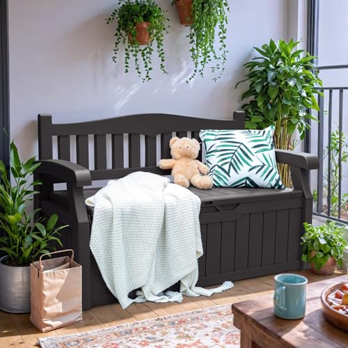 Greesum 80 Gallon Outdoor Storage Bench, Resin Patio Furniture with Armrest,Waterproof and UV-Resistant, Perfect to Garden, Poolside and Lawn