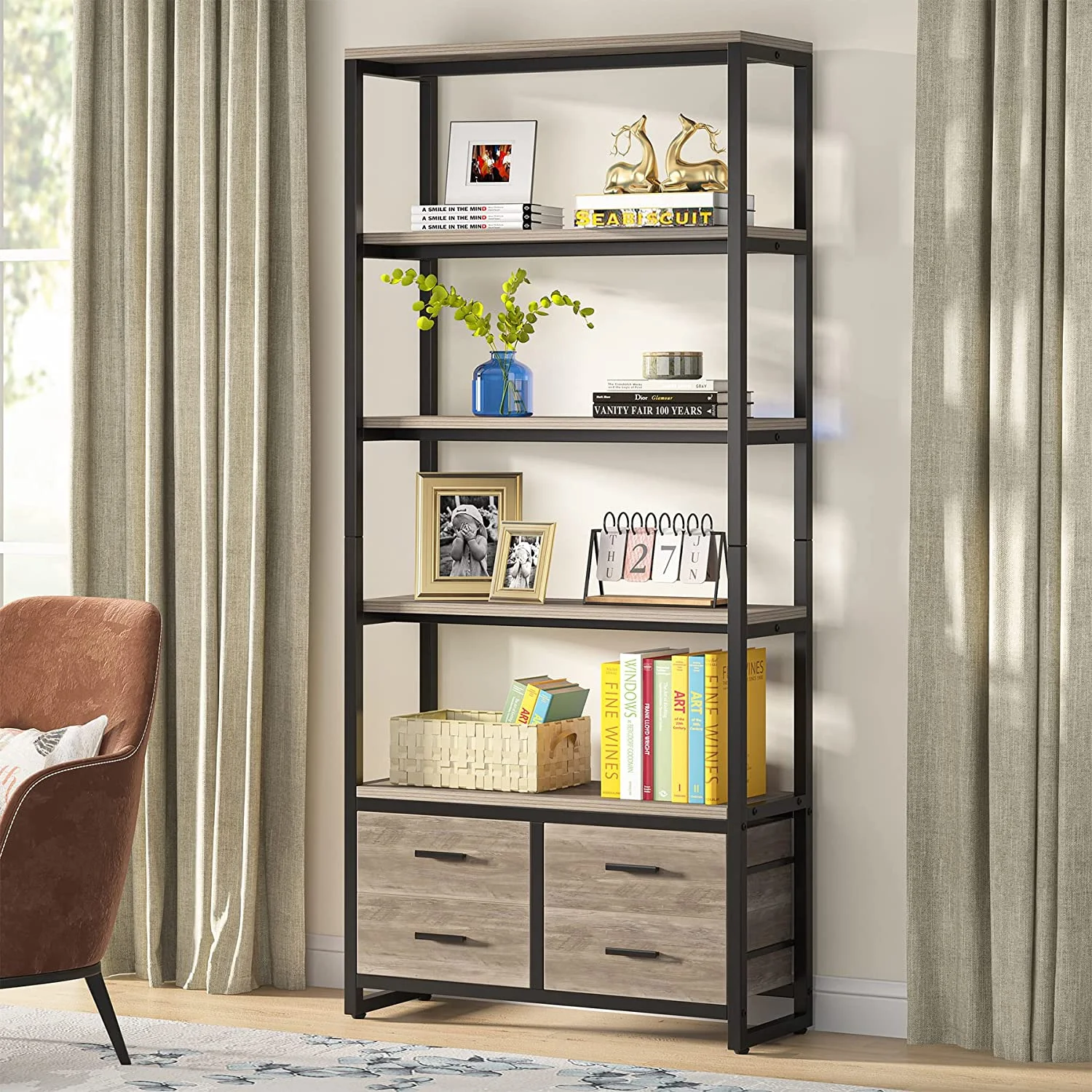 Tribesigns 70.9" Tall Bookshelf, Etagere Bookcase with 4 Drawers