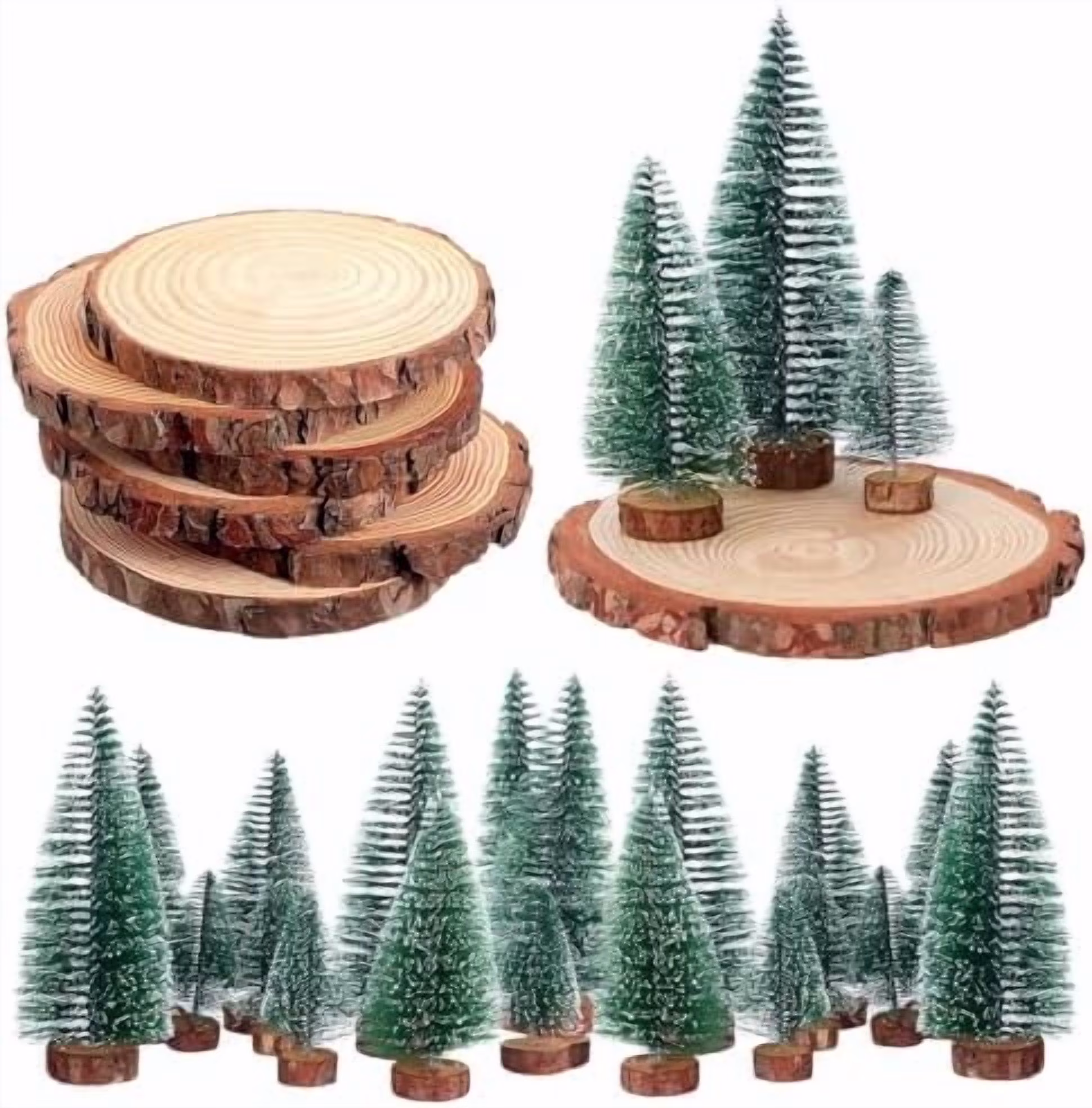 24 Pcs Bottle Brush Christmas Trees in 3 Size 18 Desktop Miniature Christmas Trees with 6 Nature Unfinished Round Wood Slices Table Decorations for