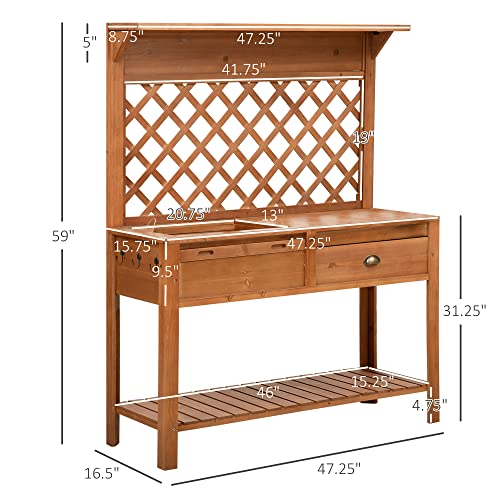 Outsunny Garden Potting Bench, Outdoor Wooden Workstation Table w/Metal Screen, Drawer, Hooks, Storage Shelf, and Lattice Back for Patio