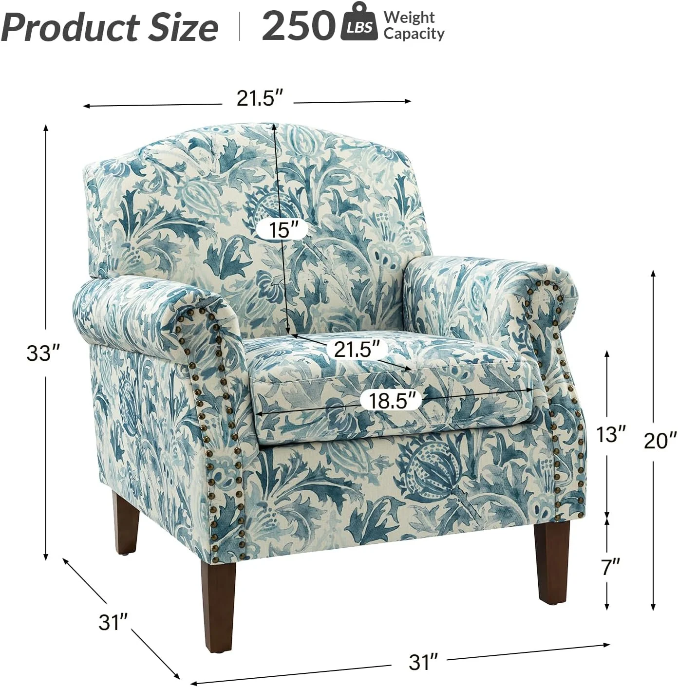 Modern Accent Chair With Wood Legs & Removable Cushion, Comfy Upholstered Armchair Nailhead Trim