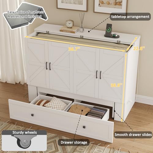 Queen Murphy Bed with Storage & Charging Station, Murphy Cabinet with Foldable Panel, Noisy Free, for Guest Bedroom, Living Room, Office